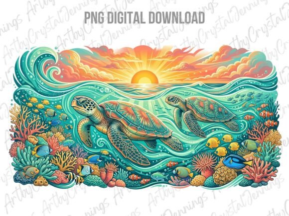 Download Sea Turtle Coral Reef Ocean Sunset PNG - Sunset Collection