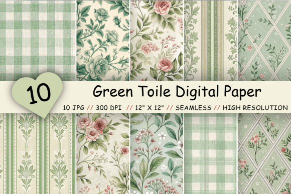 Download Green Toile Digital Paper Pack, Vintage - Paper pack Collection